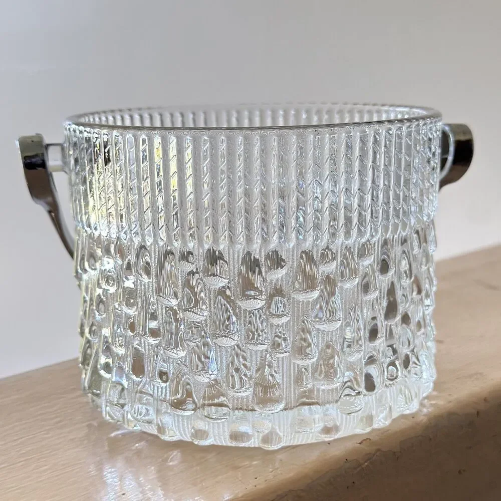 Vintage Teleflora Clear Glass Ice Bucket with Chrome Handle Made in France